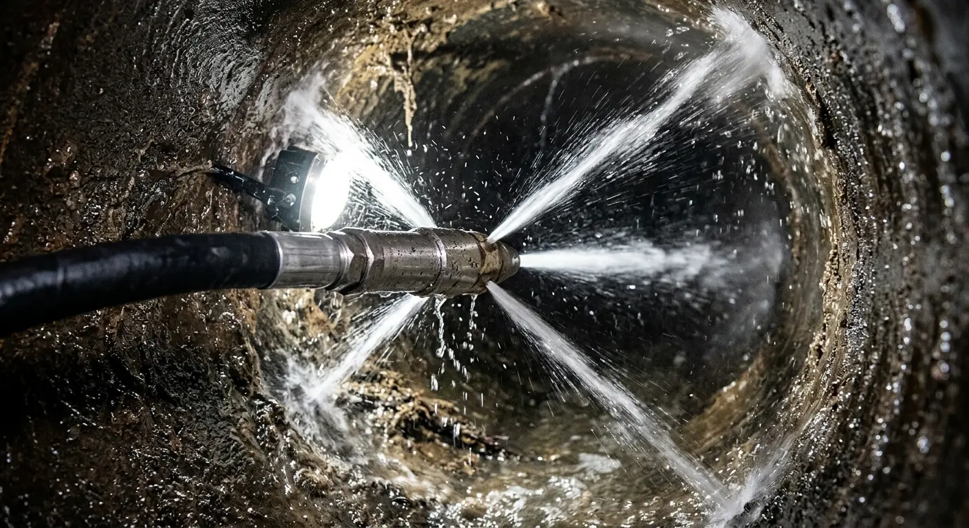 High-pressure hydro jetting nozzle cleaning sewer pipe for Trenchless Sewer Repair in Berkeley