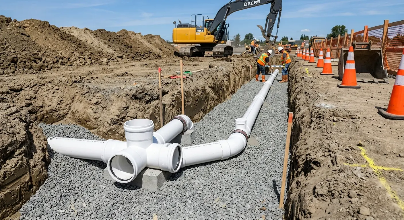 New PVC sewer pipe installation in open trench for Sewer Backup in Berkeley