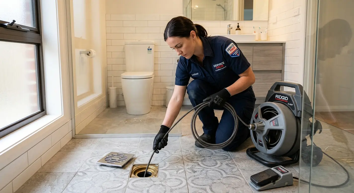 Technician clearing a bathroom floor drain for Hydro Jetting in Berkeley